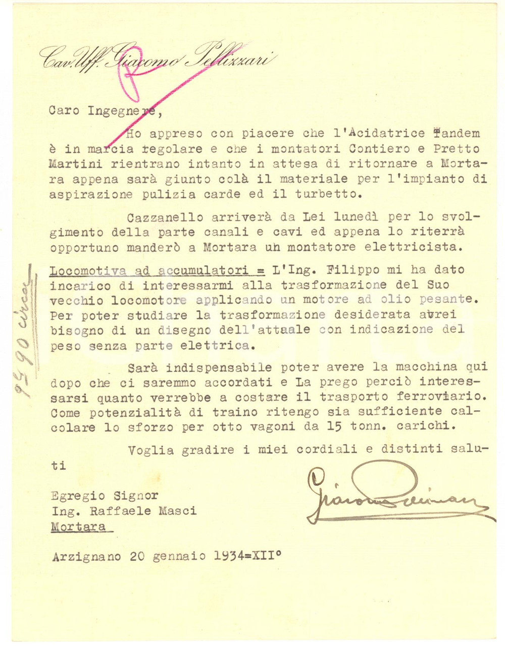1934 ARZIGNANO Lettera imprenditore Giacomo PELLIZZARI su locomotiva - AUTOGRAFO