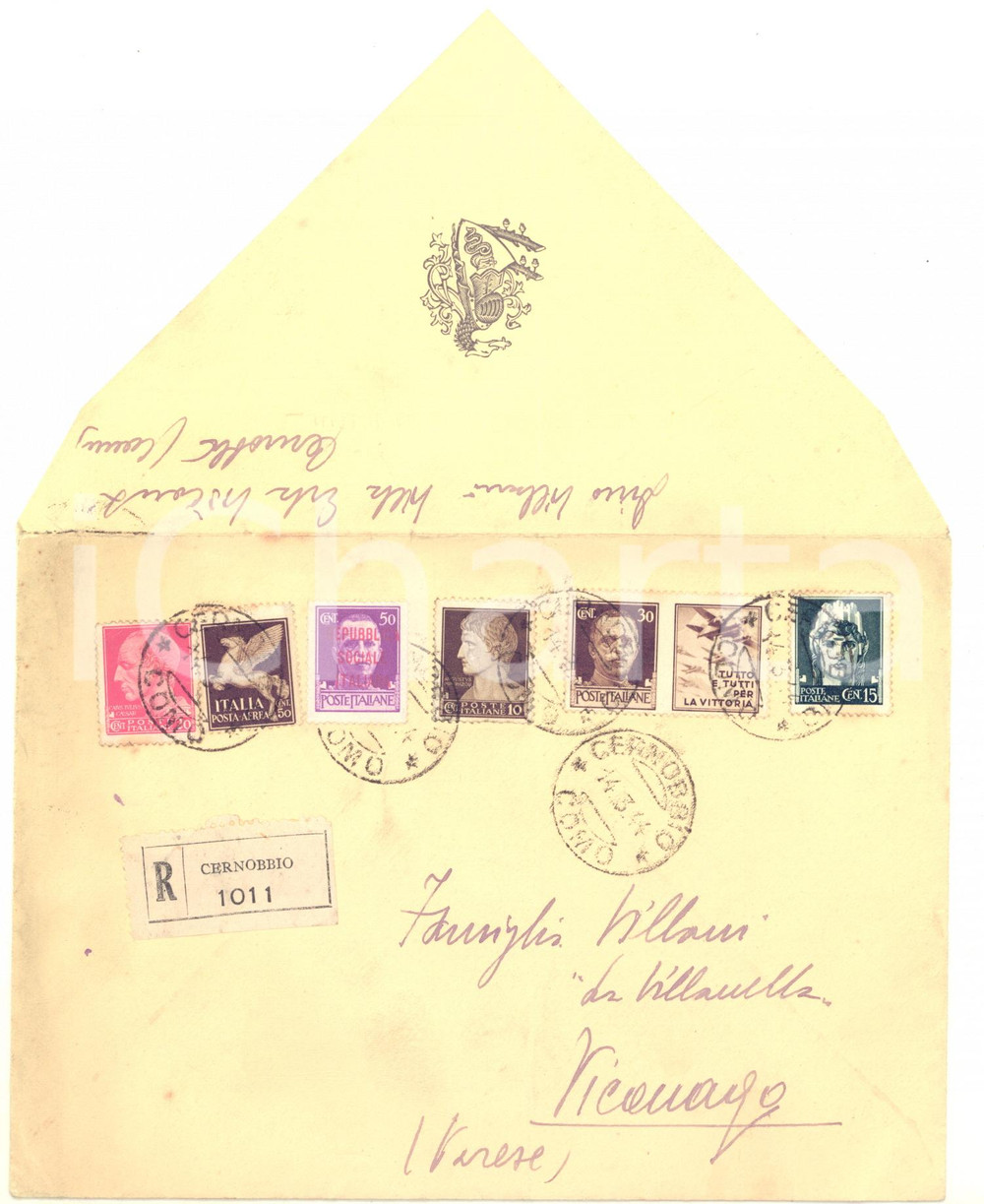 1944 WW2 STORIA POSTALE RSI CERNOBBIO Busta VUOTA raccomandata striscia RARA