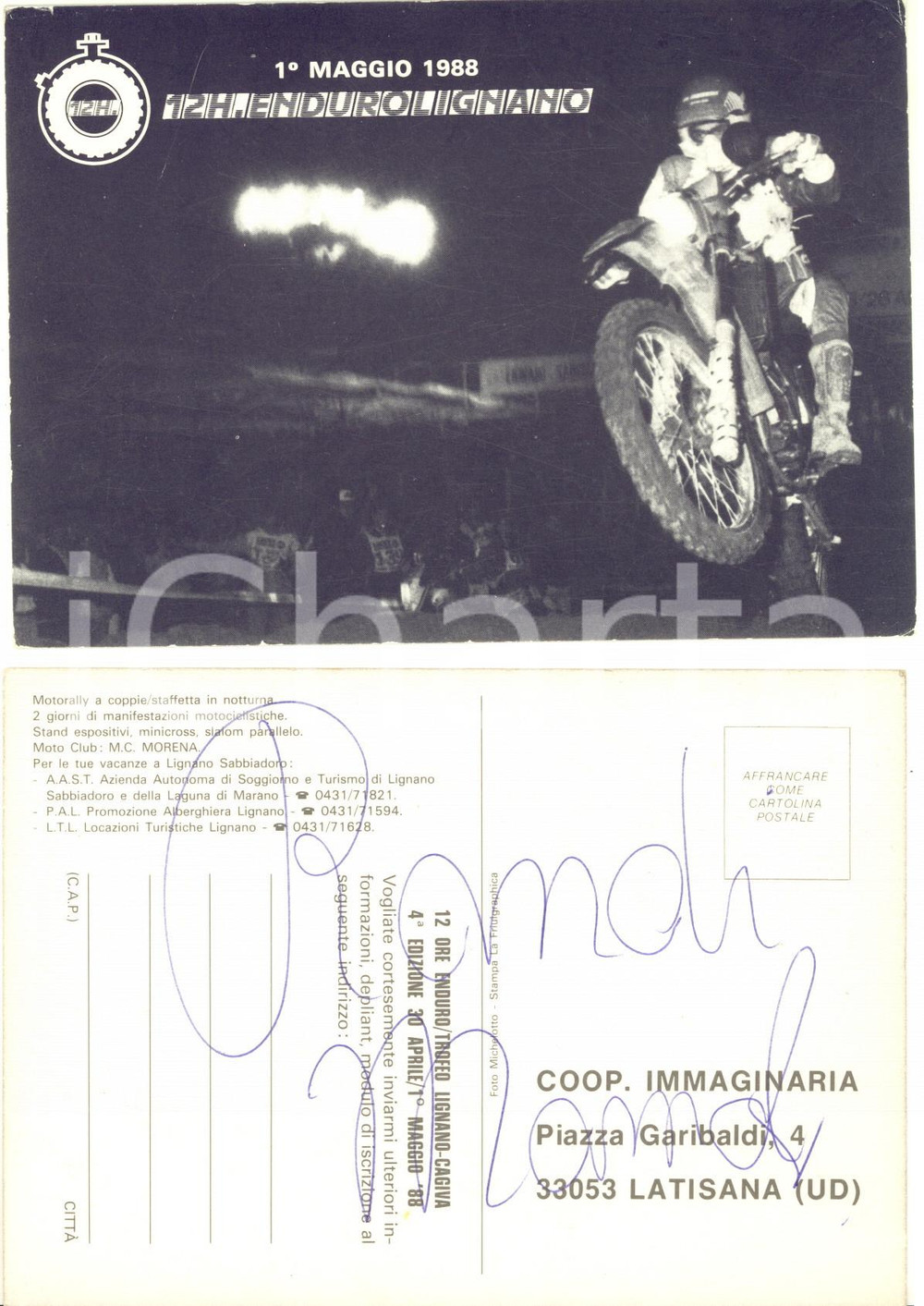 1988 MOTOCICLISMO 12H ENDURO LIGNANO Cartolina pubblicitaria firmata FG