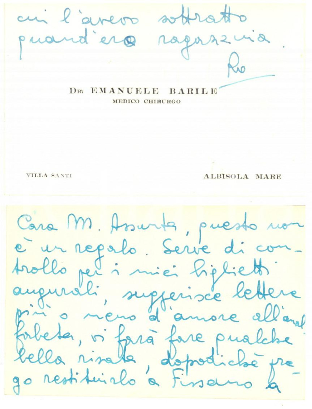 1958 ALBISOLA Biglietto Emanuele BARILE medico chirurgo - AUTOGRAFO