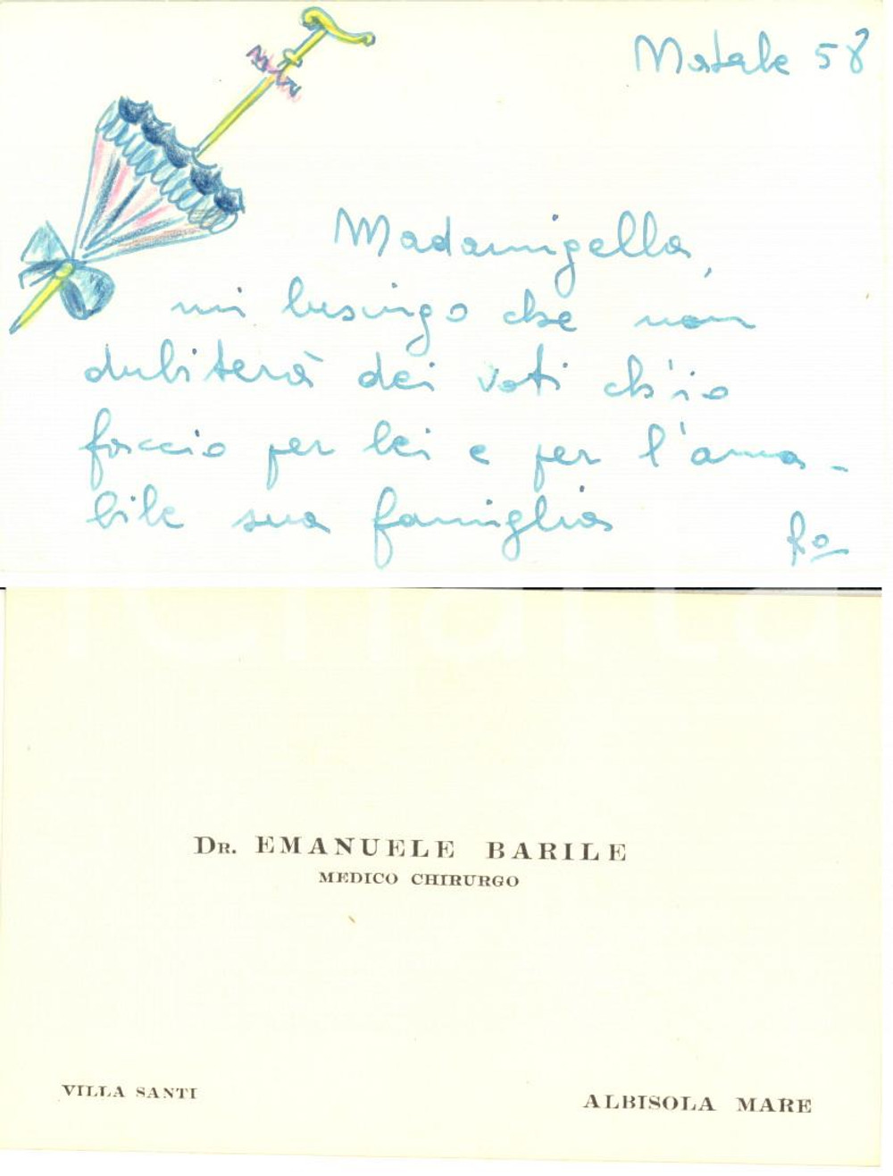 1958 ALBISOLA Biglietto Emanuele BARILE medico chirurgo - AUTOGRAFO e disegno