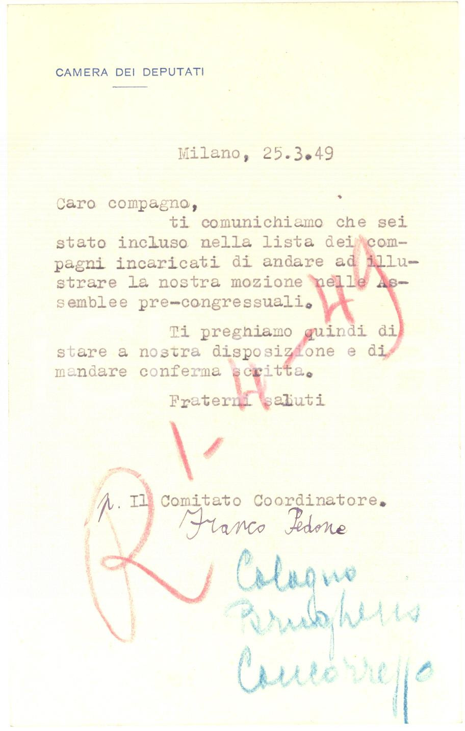 1949 MILANO Lettera Franco PEDONE per assemblee pre-congressuali - AUTOGRAFO