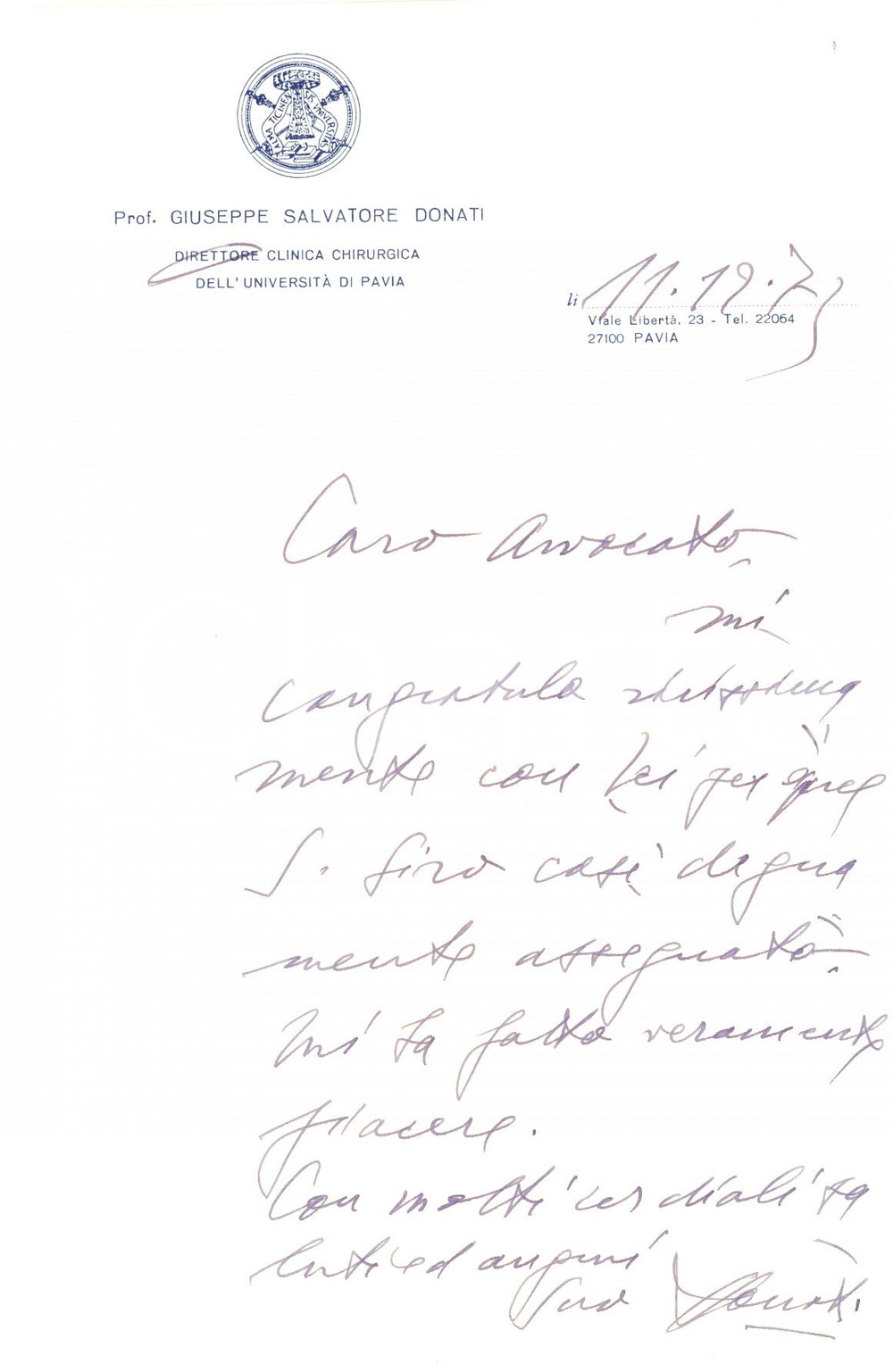 1973 PAVIA Lettera Giuseppe Salvatore DONATI per congratulazioni - AUTOGRAFO