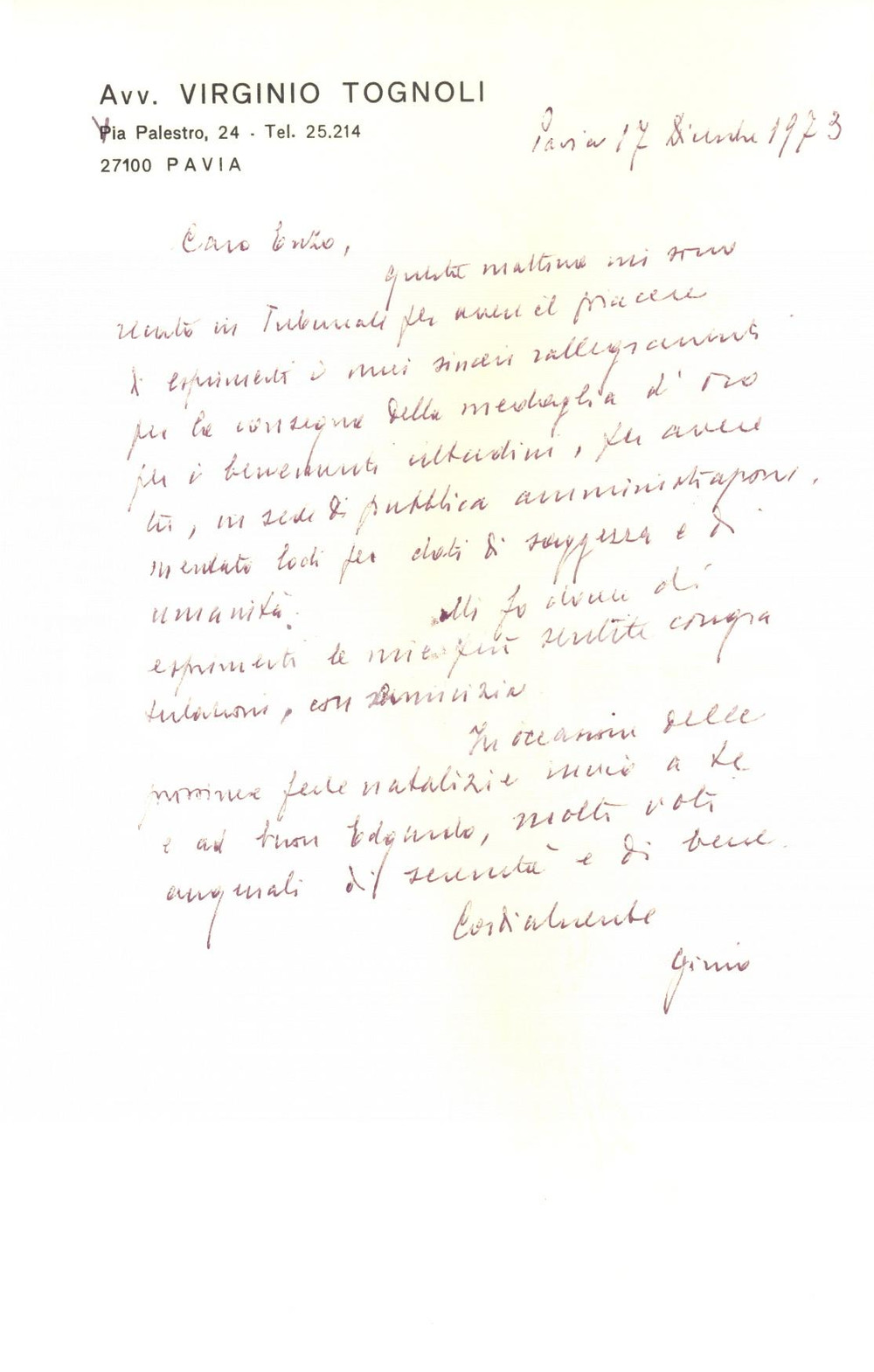 1973 PAVIA Lettera avv. Virginio TOGNOLI per congratulazioni *AUTOGRAFO