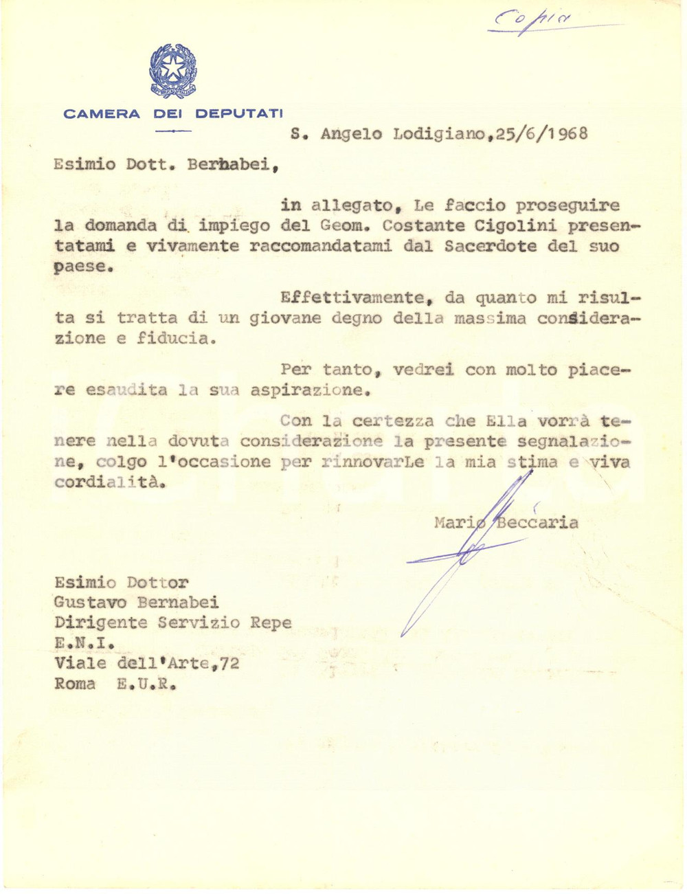 1968 S. ANGELO LODIGIANO Lettera politico Mario BECCARIA - AUTOGRAFO