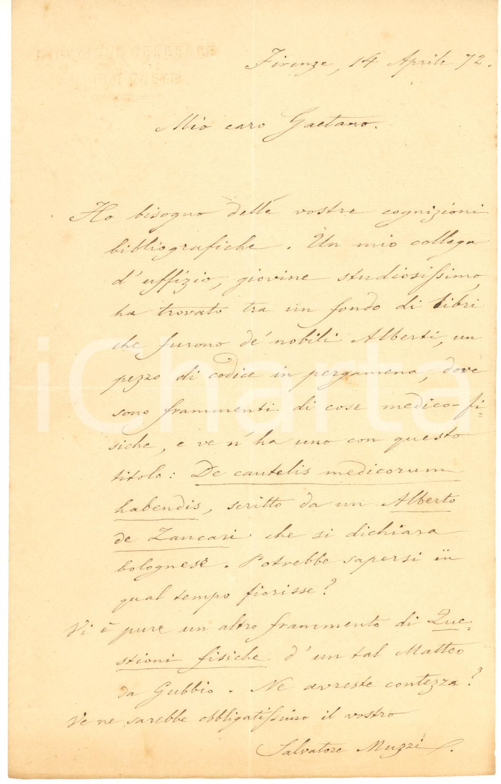 1872 FIRENZE Lettera di Salvatore MUZZI per consulenza su pergamena - AUTOGRAFO