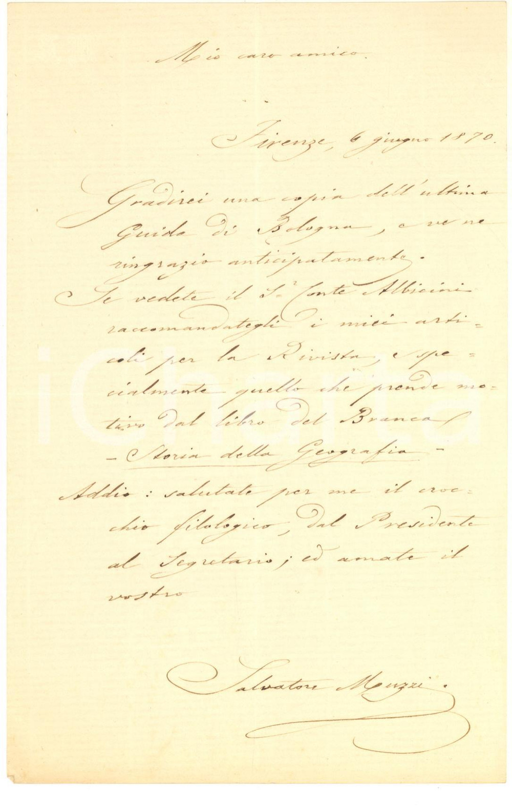 1870 FIRENZE Scrittore Salvatore MUZZI chiede guida di Bologna - AUTOGRAFO