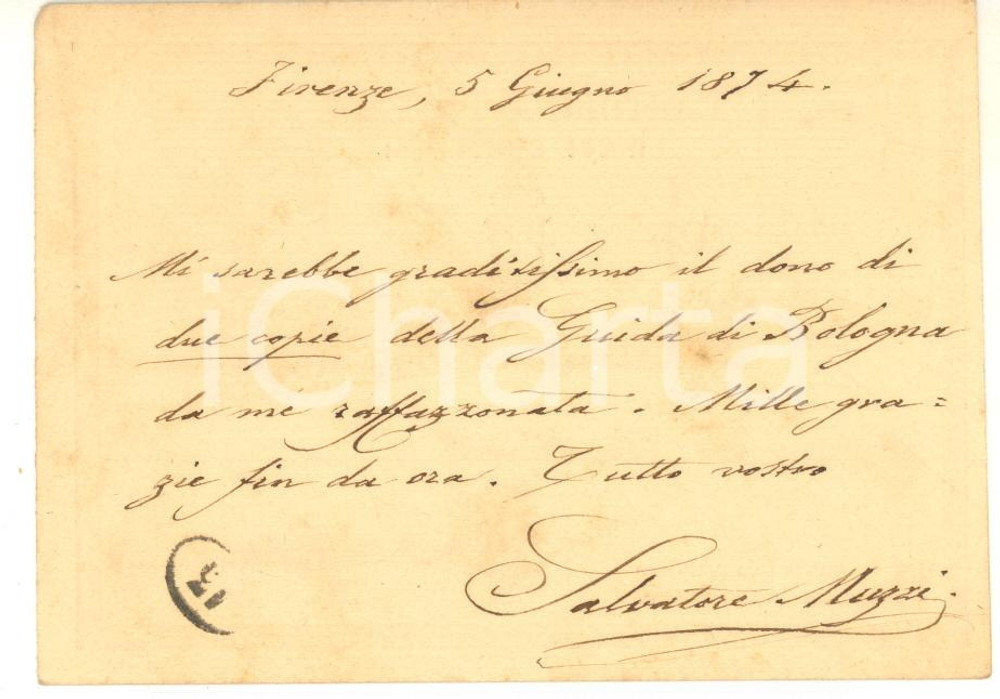1874 FIRENZE Salvatore MUZZI - Cartolina per guida di Bologna - AUTOGRAFO