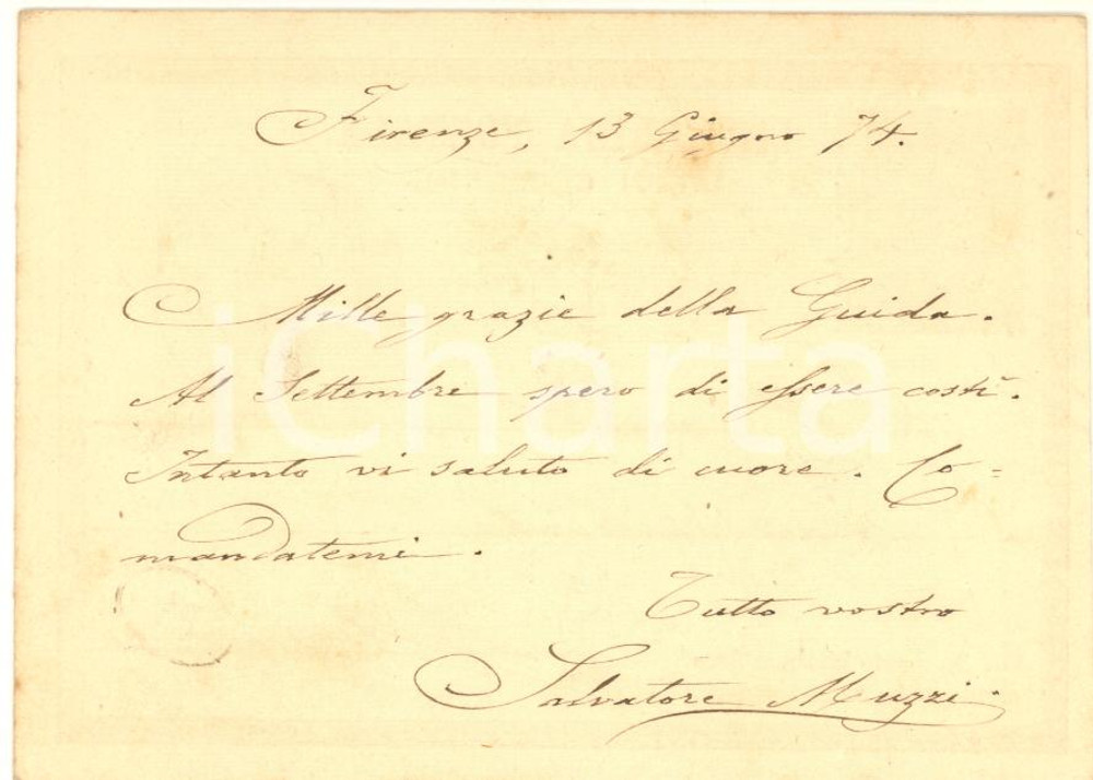 1874 FIRENZE Cartolina Salvatore MUZZI a Gaetano Romagnoli - AUTOGRAFO FP