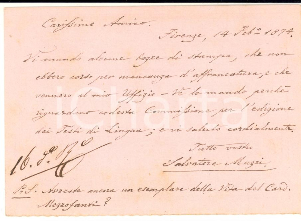 1874 FIRENZE Salvatore MUZZI - Cartolina per bozze di stampa - AUTOGRAFO
