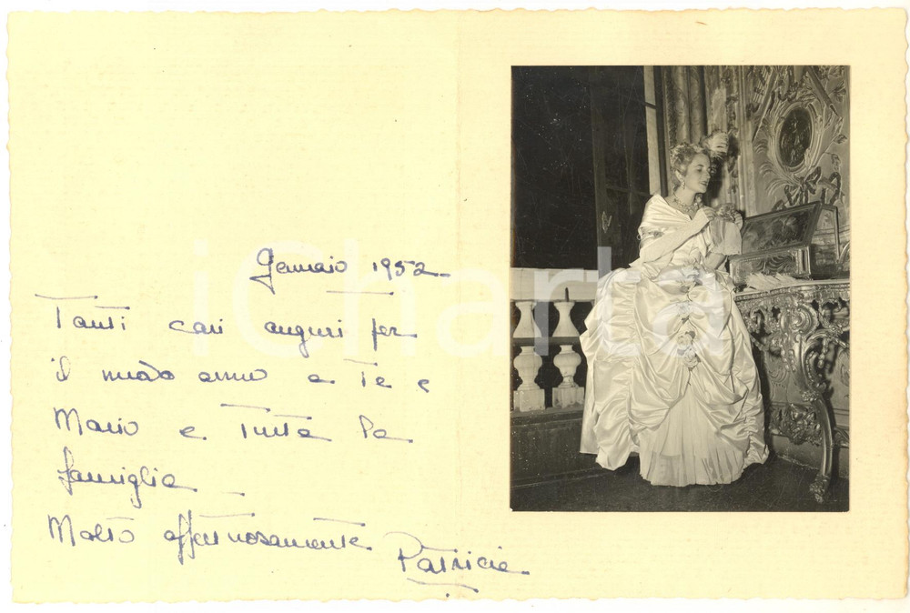 1952 TEATRO Ritratto di attrice in costume storico - Biglietto autografo