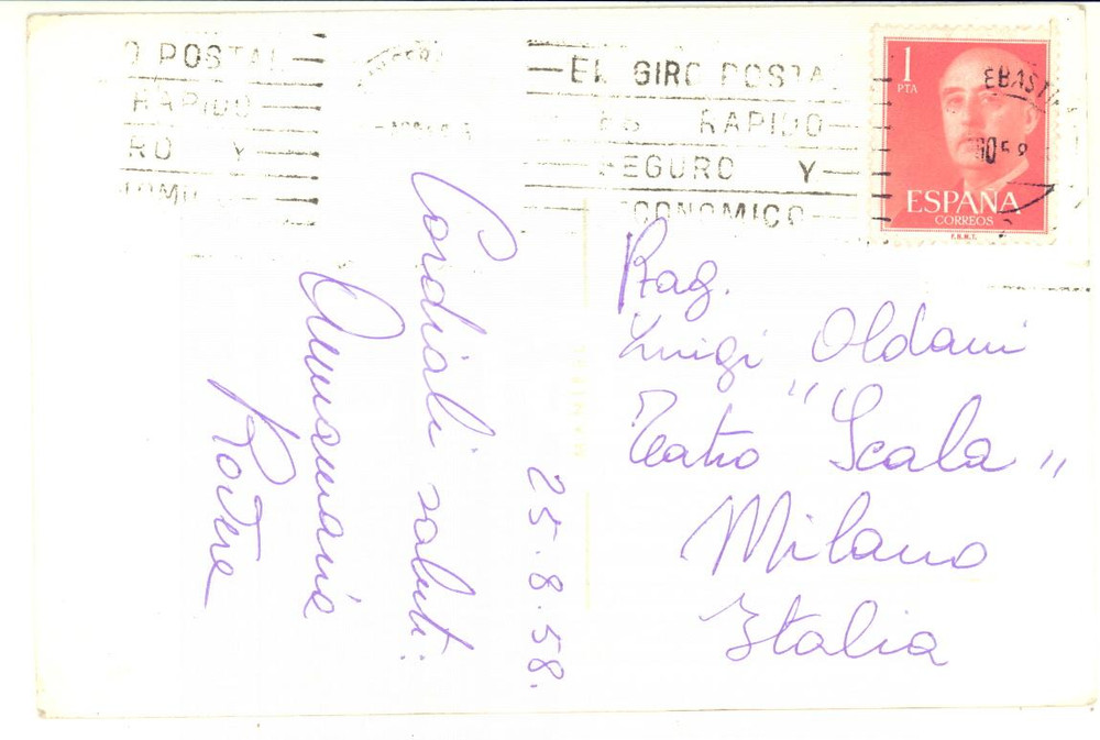 1958 SAN SEBASTIAN Cartolina soprano Annamaria ROVERE - AUTOGRAFO FP VG