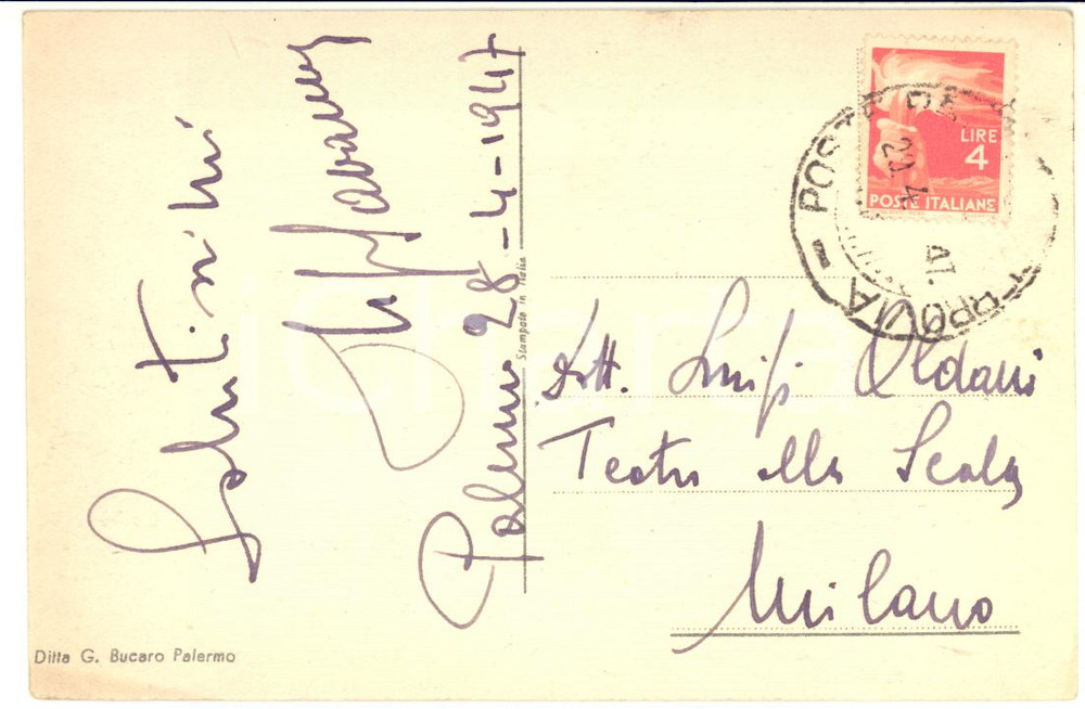 1947 PALERMO Cartolina baritono Ugo SAVARESE a Luigi Oldani - AUTOGRAFO FP VG