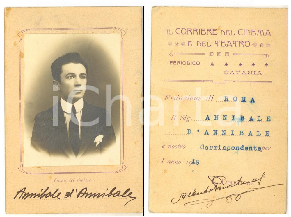 1919 ROMA CORRIERE DEL CINEMA E DEL TEATRO Tessera con foto Annibale D'Annibale