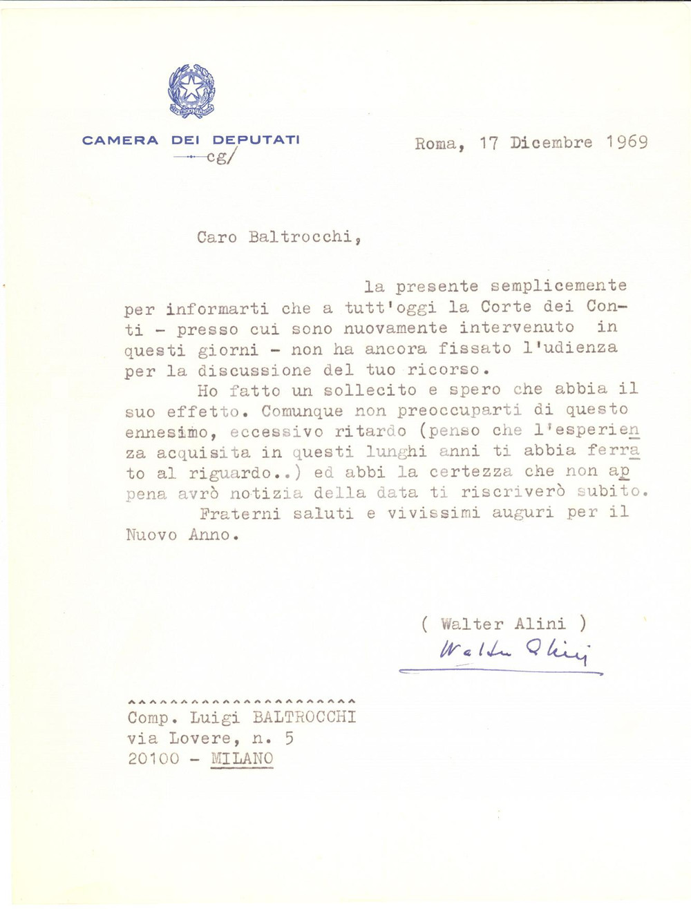 1969 ROMA Lettera on. Walter ALINI per udienza Corte dei Conti - AUTOGRAFO