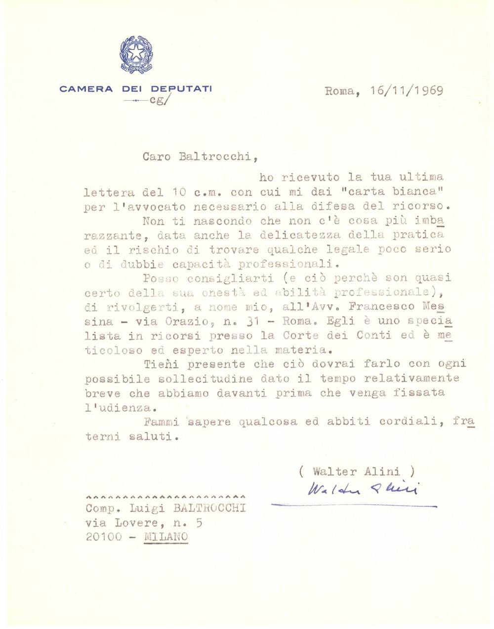 1969 ROMA Lettera on. Walter ALINI per consiglio su avvocato - AUTOGRAFO