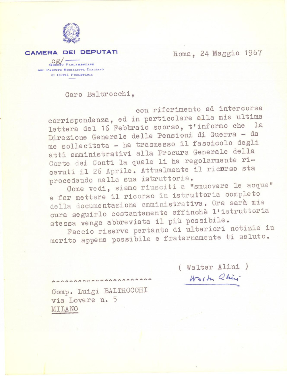 1967 ROMA Lettera on. Walter ALINI per il ricorso di un amico - AUTOGRAFO
