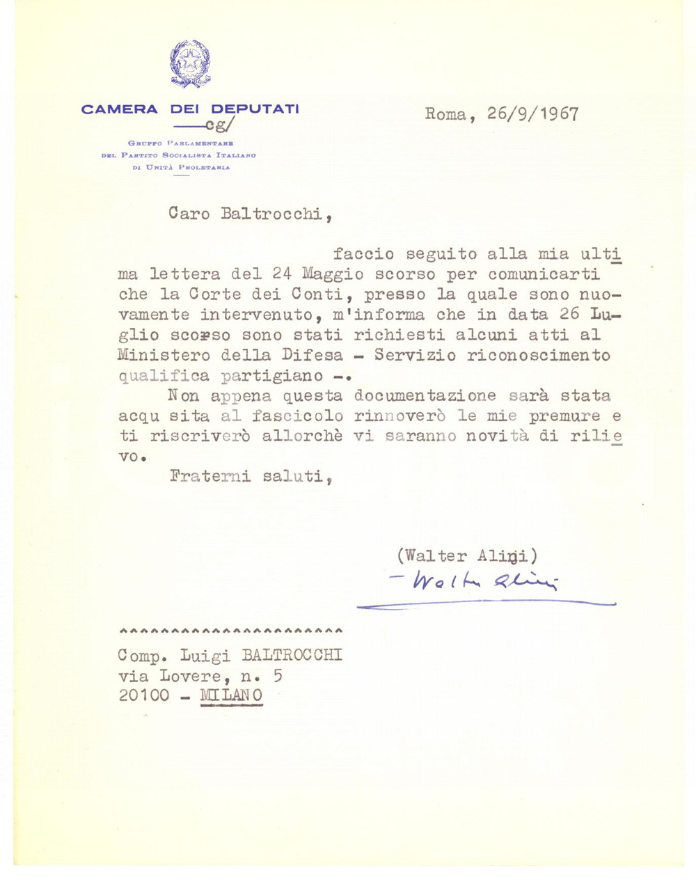 1967 ROMA Lettera on. Walter ALINI per atti Ministero della Difesa - AUTOGRAFO