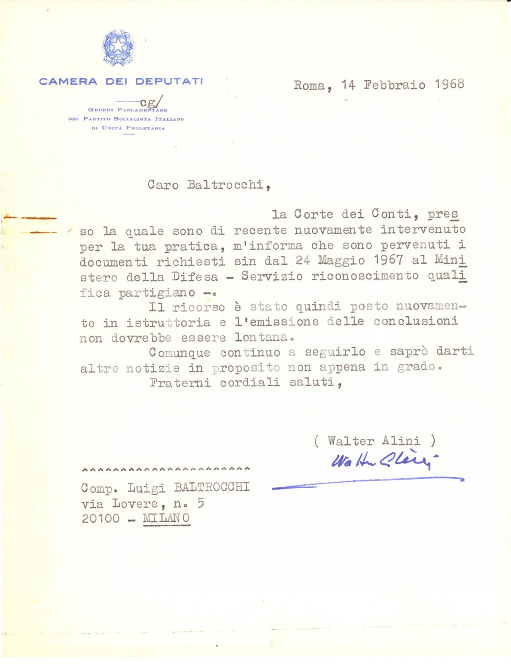 1968 ROMA Lettera on. Walter ALINI per atti Ministero della Difesa *AUTOGRAFO