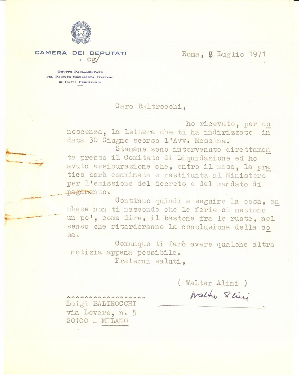 1971 ROMA Intervento on. Walter ALINI presso Comitato di Liquidazione *AUTOGRAFO