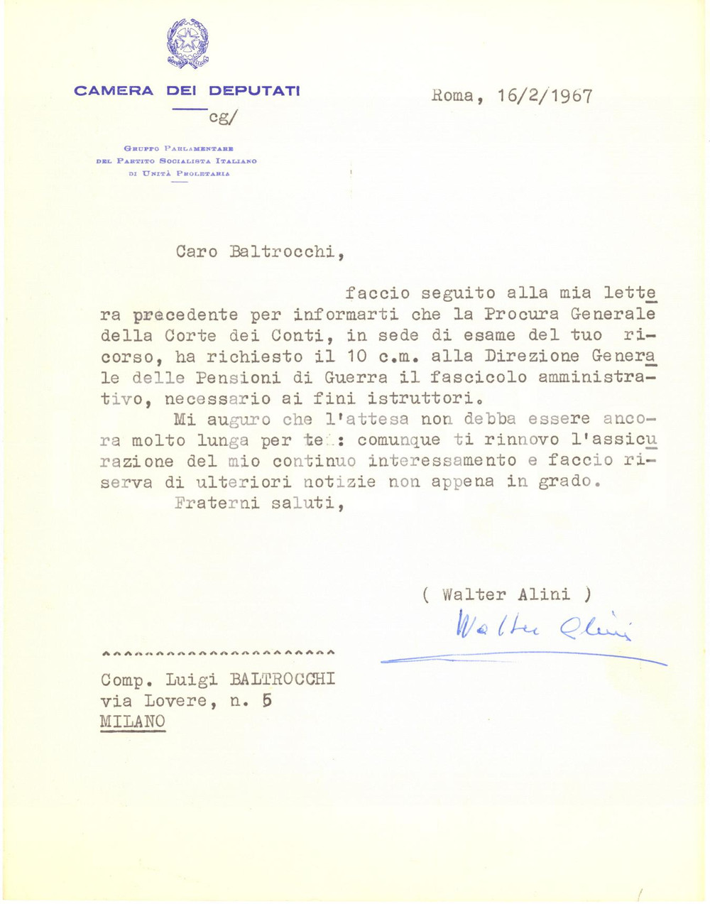 1967 ROMA Lettera on. Walter ALINI per documenti Corte dei Conti - AUTOGRAFO