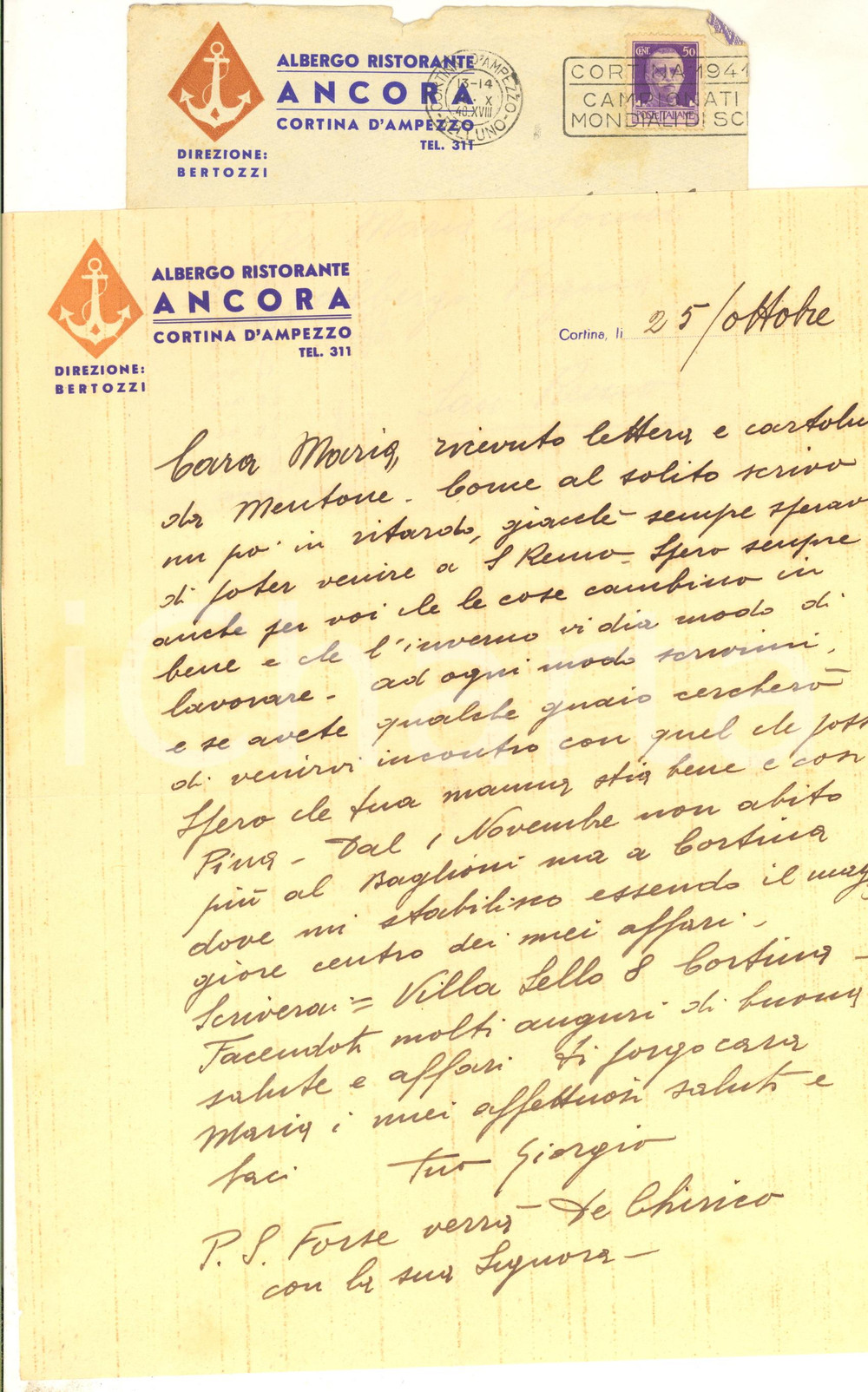 1940 CORTINA D'AMPEZZO Lettera Giorgio ZAMBERLAN trasferito per affari AUTOGRAFO