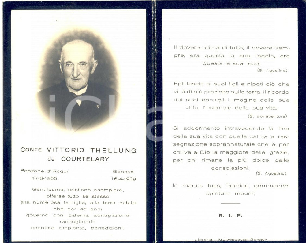 1939 GENOVA In memoria di Vittorio THELLUNG DE COURTELARY *Santino ritratto