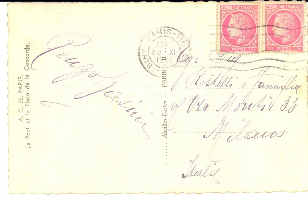 1946 PARIS Cartolina artista Renzo BASINI a Luigi OLDANI - AUTOGRAFO FP VG