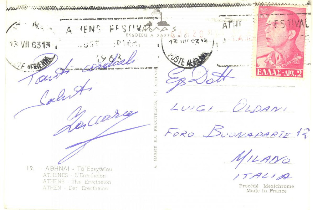1963 ATENE Basso Nicola ZACCARIA a Luigi Oldani - Cartolina AUTOGRAFA FG VG