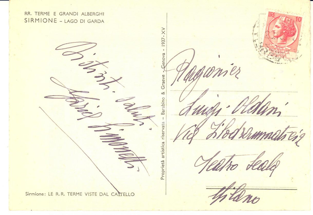 1957 SIRMIONE Cantante Maria SIMONETTI a Luigi OLDANI - Cartolina AUTOGRAFA