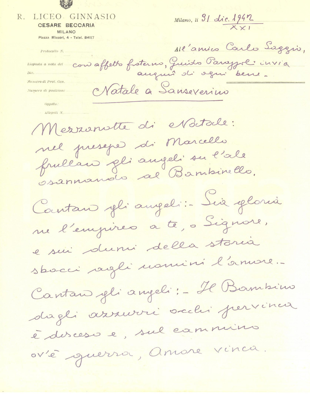 1942 MILANO Guido PARAZZOLI - Poesia "Natale a Sanseverino" - AUTOGRAFO