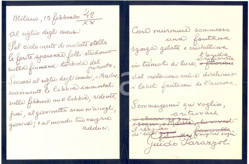 1942 MILANO Guido PARAZZOLI - Poesia "Al ciglio degli incubi" - AUTOGRAFO