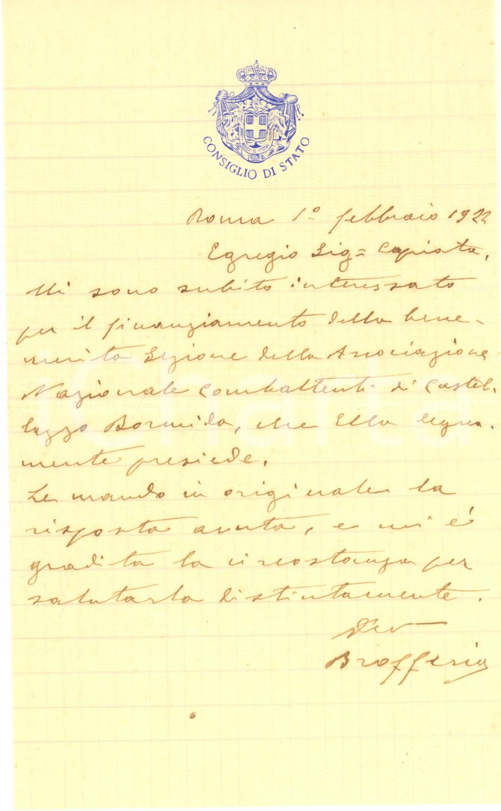 1922 ROMA CONSIGLIO DI STATO Lettera Federico BROFFERIO per pratica - AUTOGRAFO