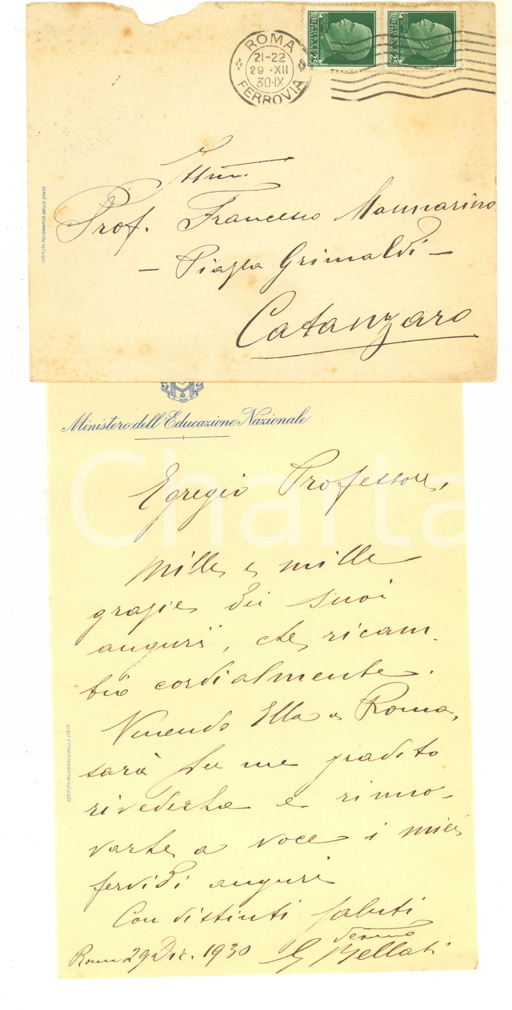 1930 ROMA Ministero dell'Educazione Nazionale - Lettera G. BELLATI - AUTOGRAFO