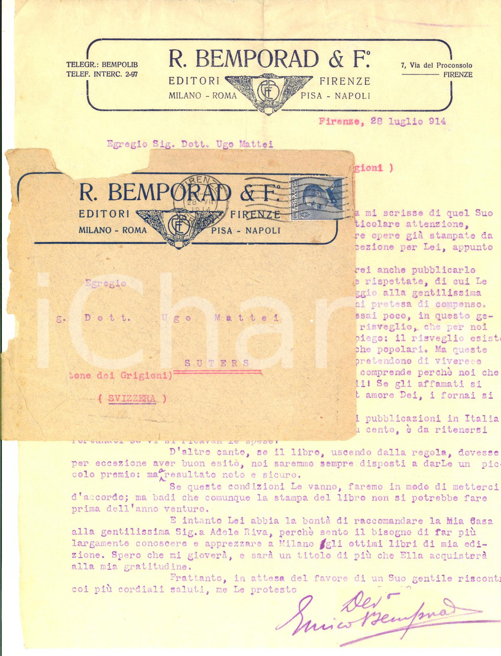 1914 ROMA Editore Enrico BEMPORAD a Ugo Mattei "In Italia si legge poco"