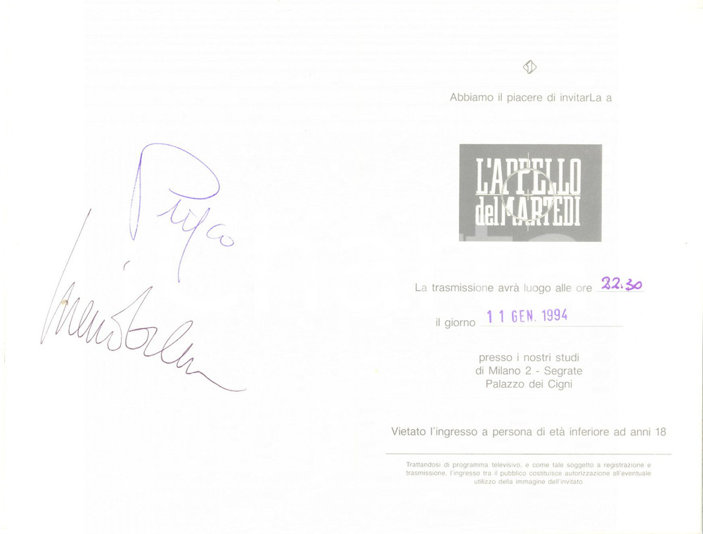 1994 TV ITALIA UNO L'Appello del Martedì - Biglietto Massimo DE LUCA - AUTOGRAFO