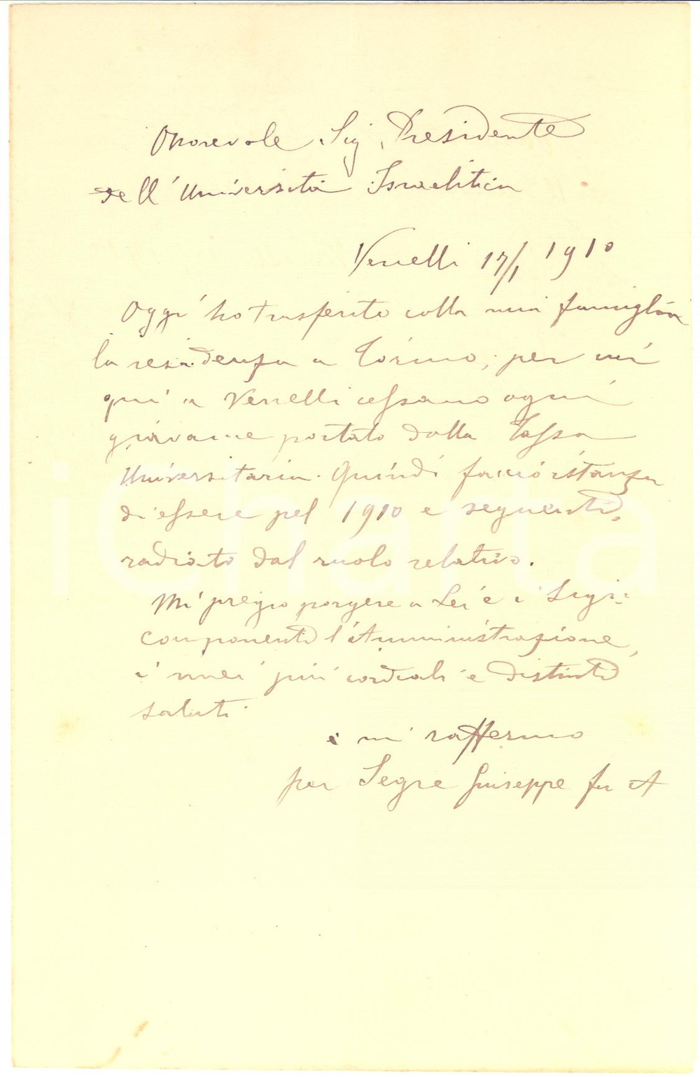 1910 VERCELLI Lettera Giuseppe SEGRE al presidente dell'Università Israelitica