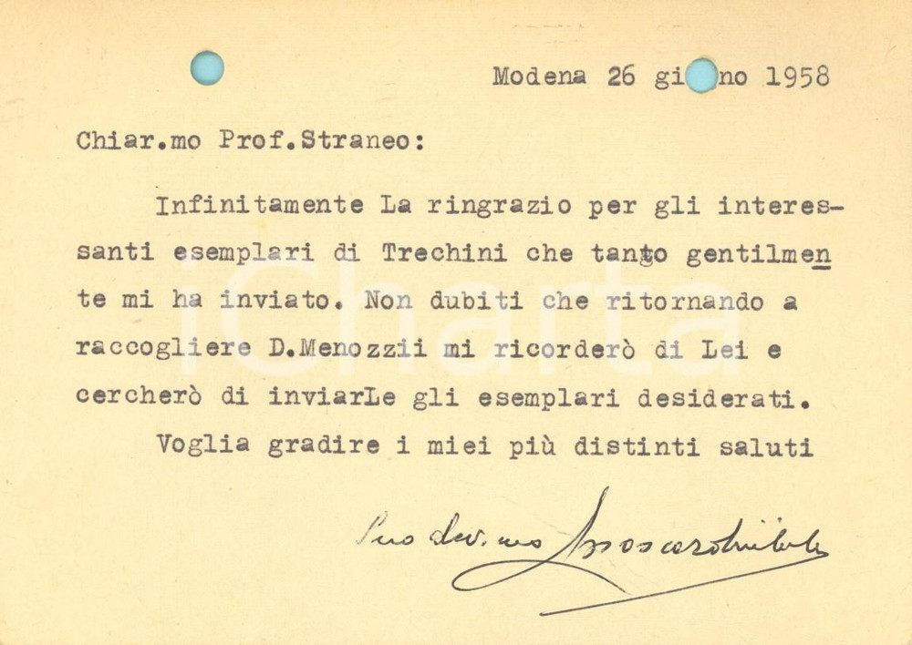1958 MODENA Cartolina Carlo MOSCARDINI per esemplari ricevuti - AUTOGRAFO FG VG
