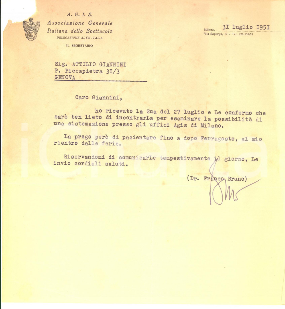 1951 MILANO AGIS Lettera segretario Franco BRUNO - AUTOGRAFO DANNEGGIATO