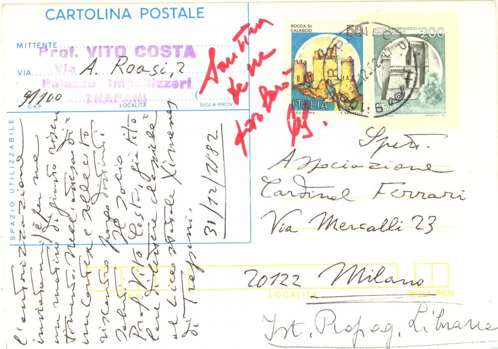 1982 TRAPANI Prof. Vito COSTA - Cartolina per recensione - AUTOGRAFO FG VG