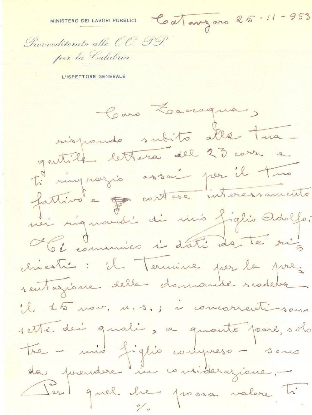 1953 CATANZARO Provveditorato OO. PP. Calabria - Lettera ispettore GHERSI