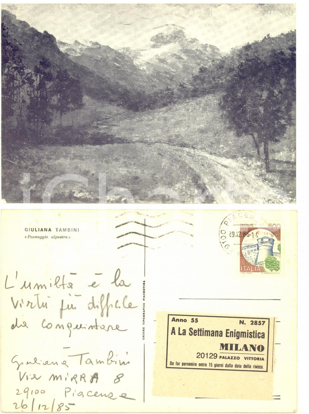 1985 PIACENZA Pittrice Giuliana TAMBINI "Paesaggio alpestre" Cartolina AUTOGRAFA