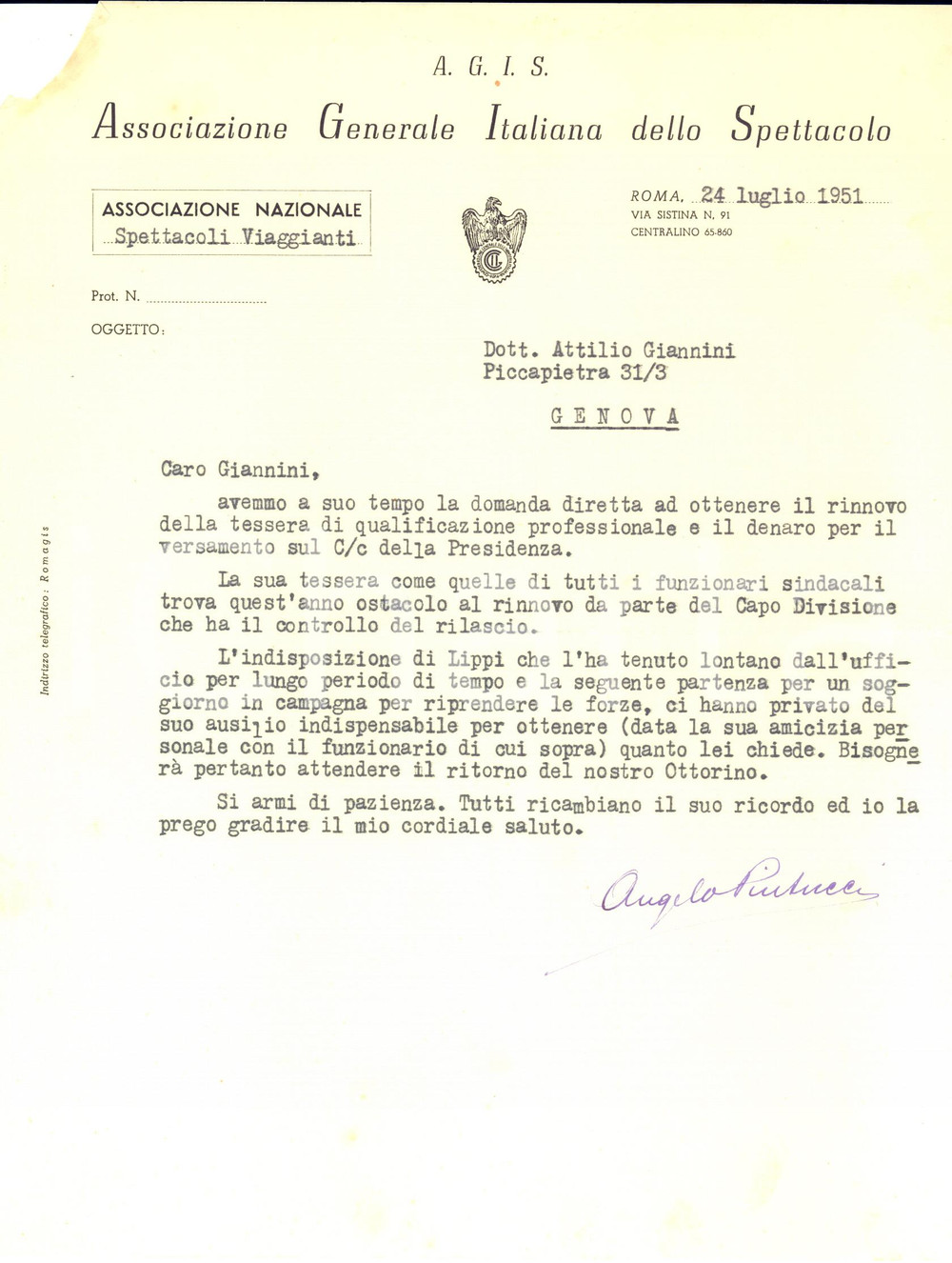 1951 ROMA AGIS Lettera Angelo PINTUCCI per nuova tessera - AUTOGRAFO DANNEGGIATO