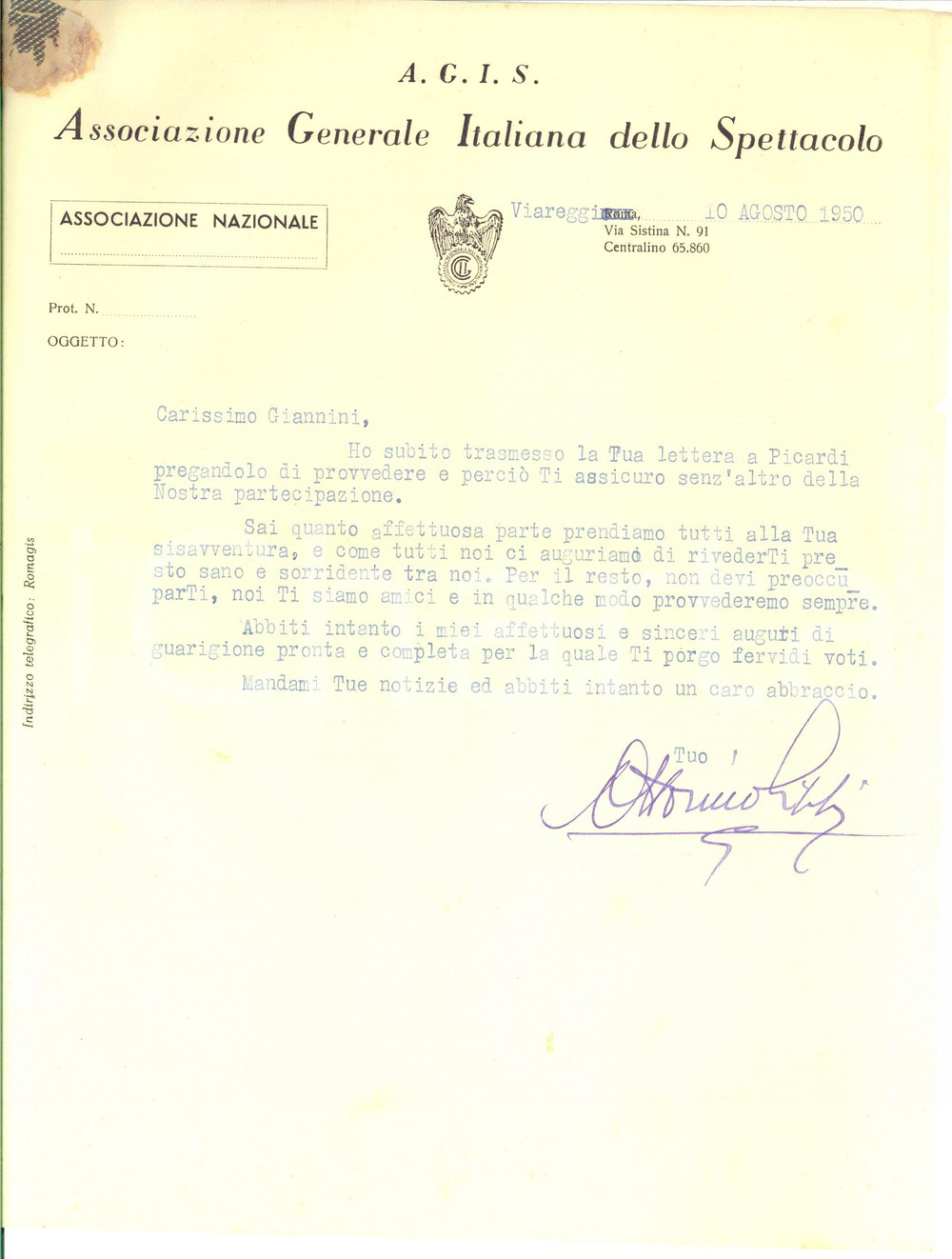 1950 VIAREGGIO AGIS Lettera Ottorino LIPPI all'amico Attilio Giannini *AUTOGRAFO