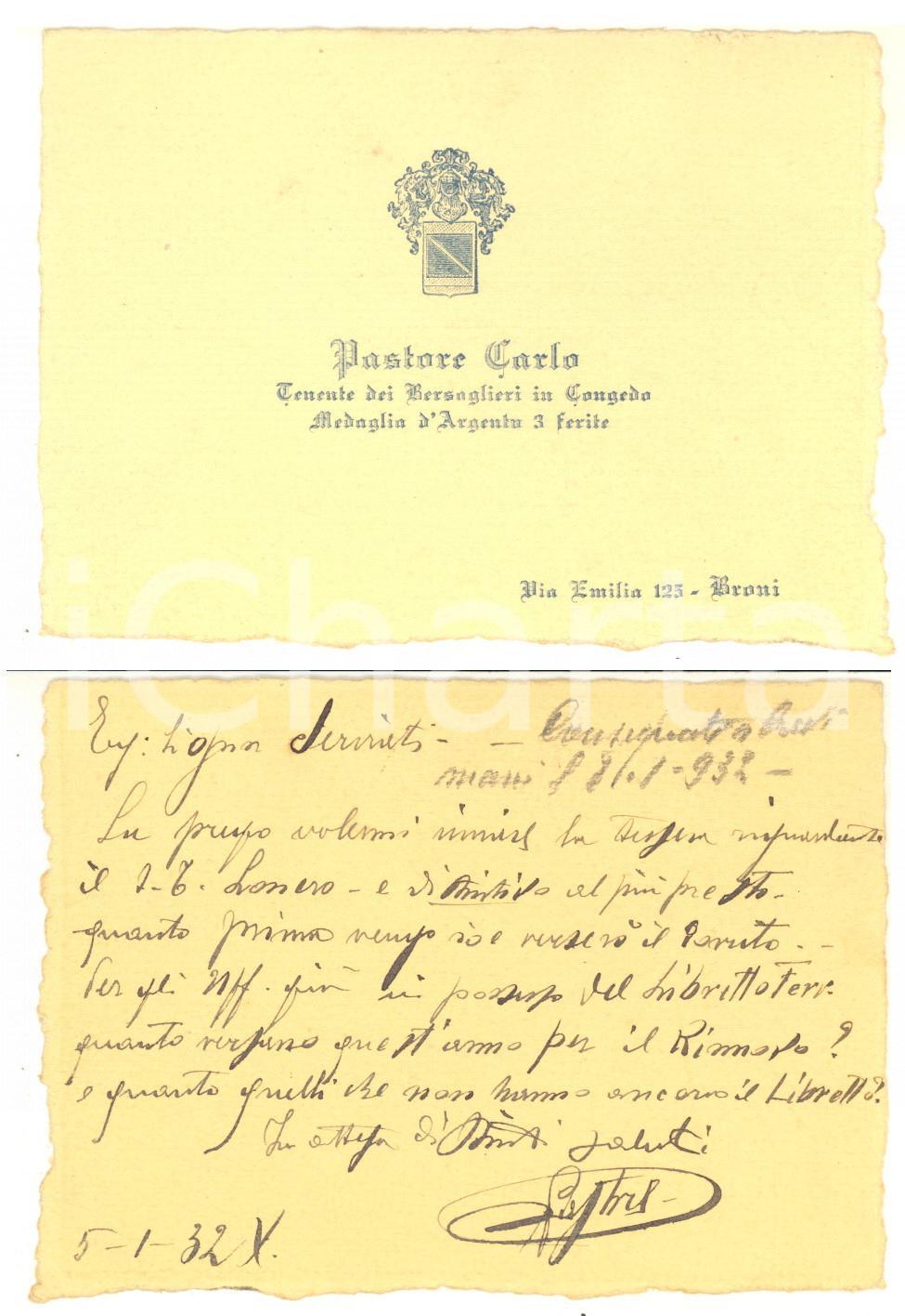 1932 BRONI (PV) Biglietto ten. Carlo PASTORE medaglia d'argento - AUTOGRAFO