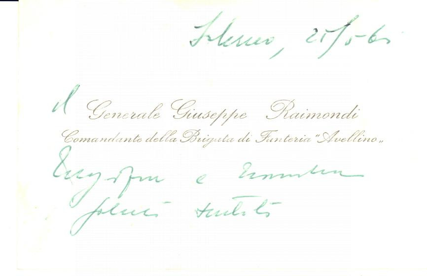 1961 SALERNO Biglietto gen. Giuseppe RAIMONDI Brigata AVELLINO - AUTOGRAFO
