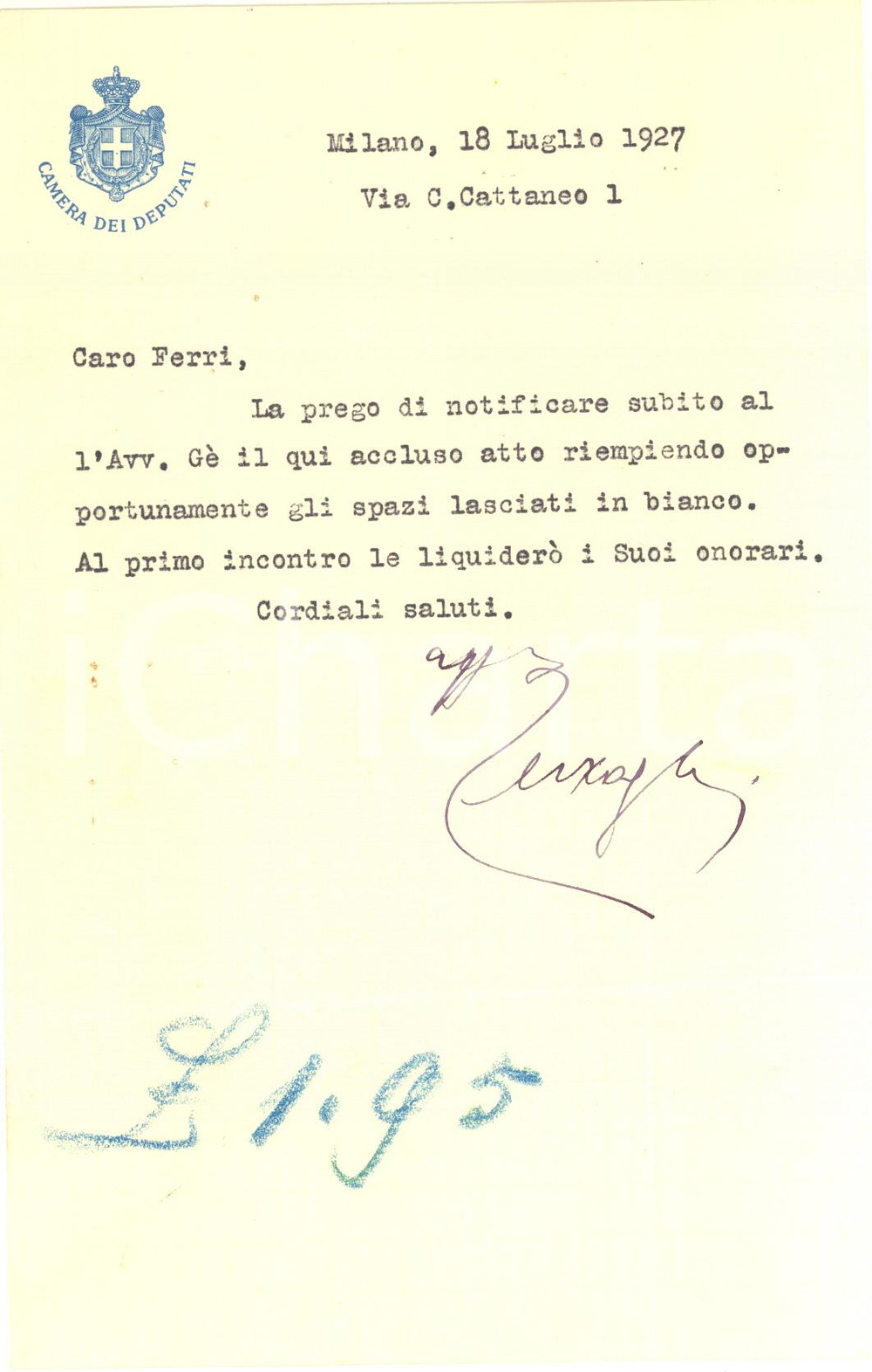 1927 MILANO Lettera on. Michele TERZAGHI per saldo onorari - AUTOGRAFO