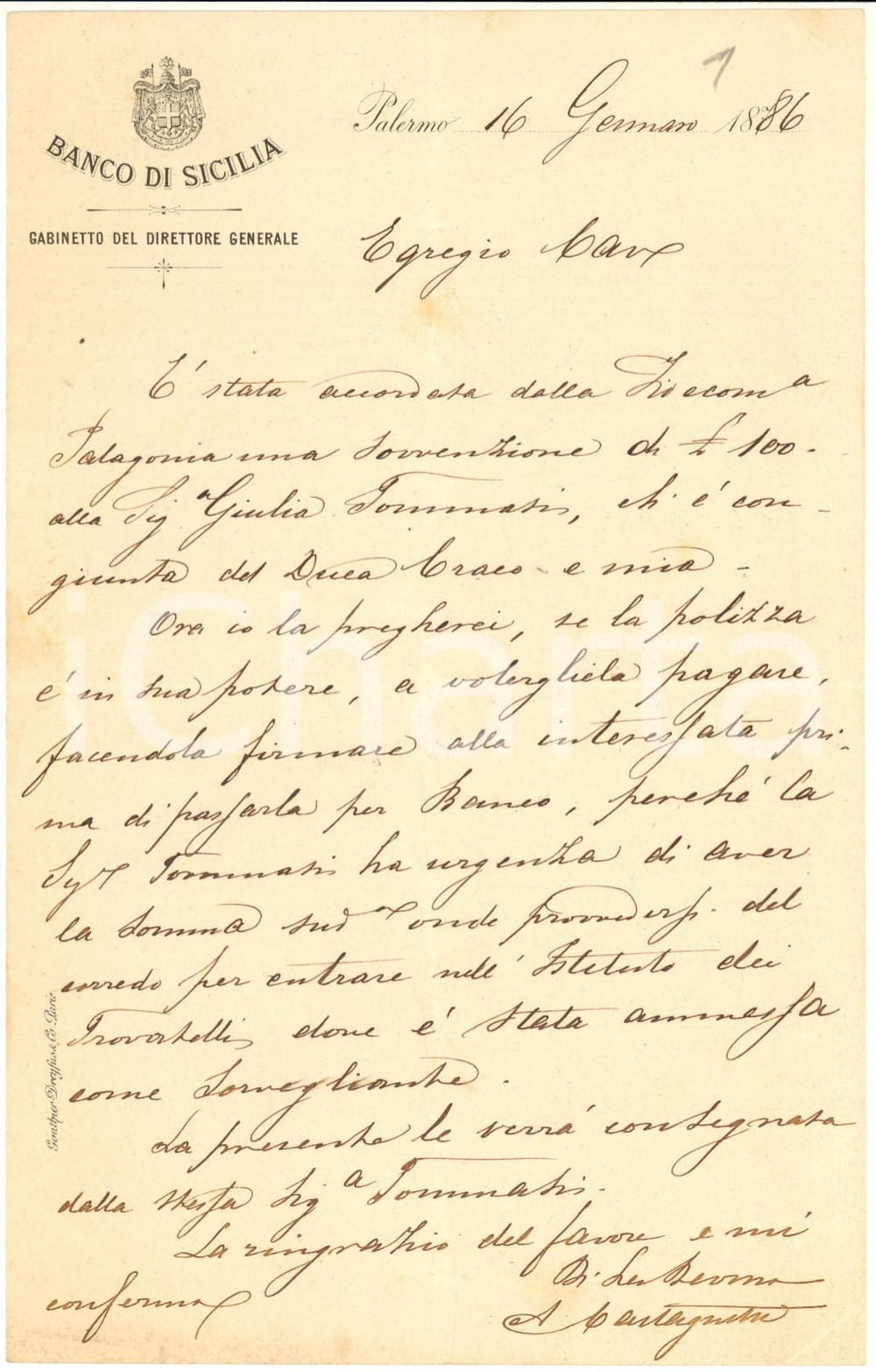 1886 PALERMO BANCO DI SICILIA Lettera A. CASTAGNETTI Gabinetto del Direttore