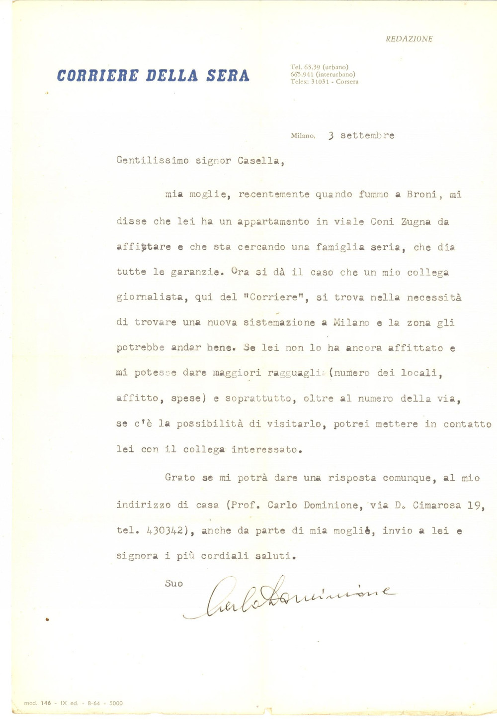 1965 ca MILANO CORRIERE DELLA SERA Lettera giornalista Carlo DOMINIONE AUTOGRAFO