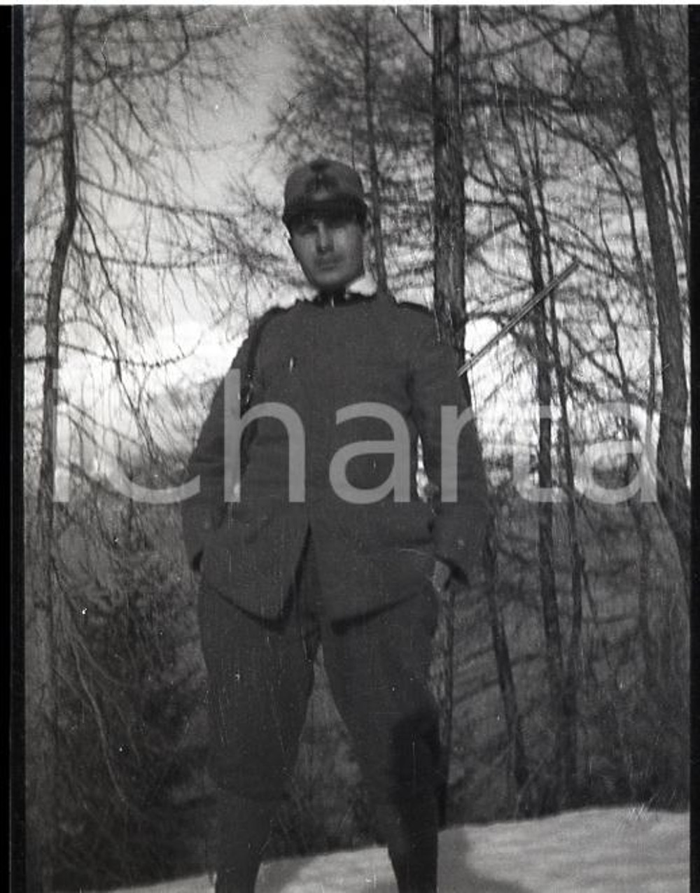 6X4cm NEGATIVO ORIGINALE *1915 WW1 ESERCITO ITALIANO Ufficiale posa sulla neve 1